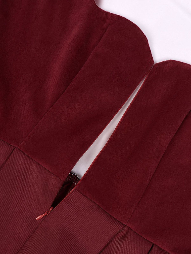 2PCS Abito e grembiule in velluto floreale etnico bordeaux anni '50