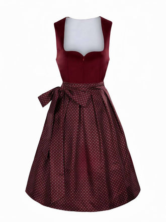 2PCS Abito e grembiule in velluto floreale etnico bordeaux anni '50