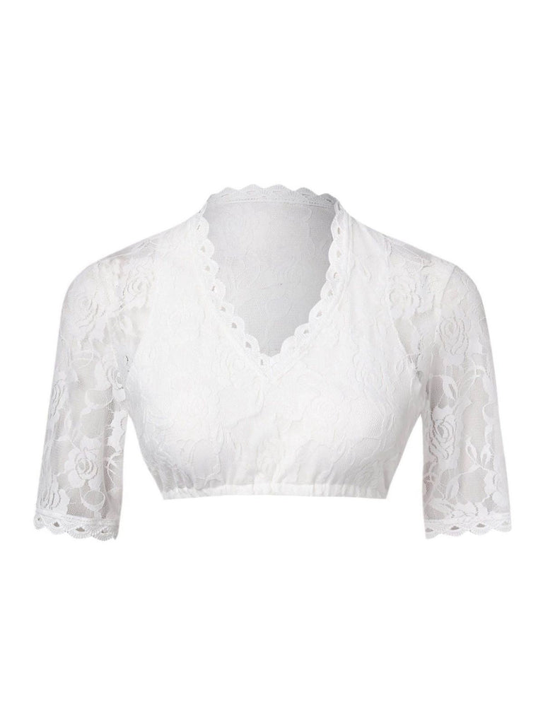 Top corto in pizzo floreale con scollo a V bianco anni '50