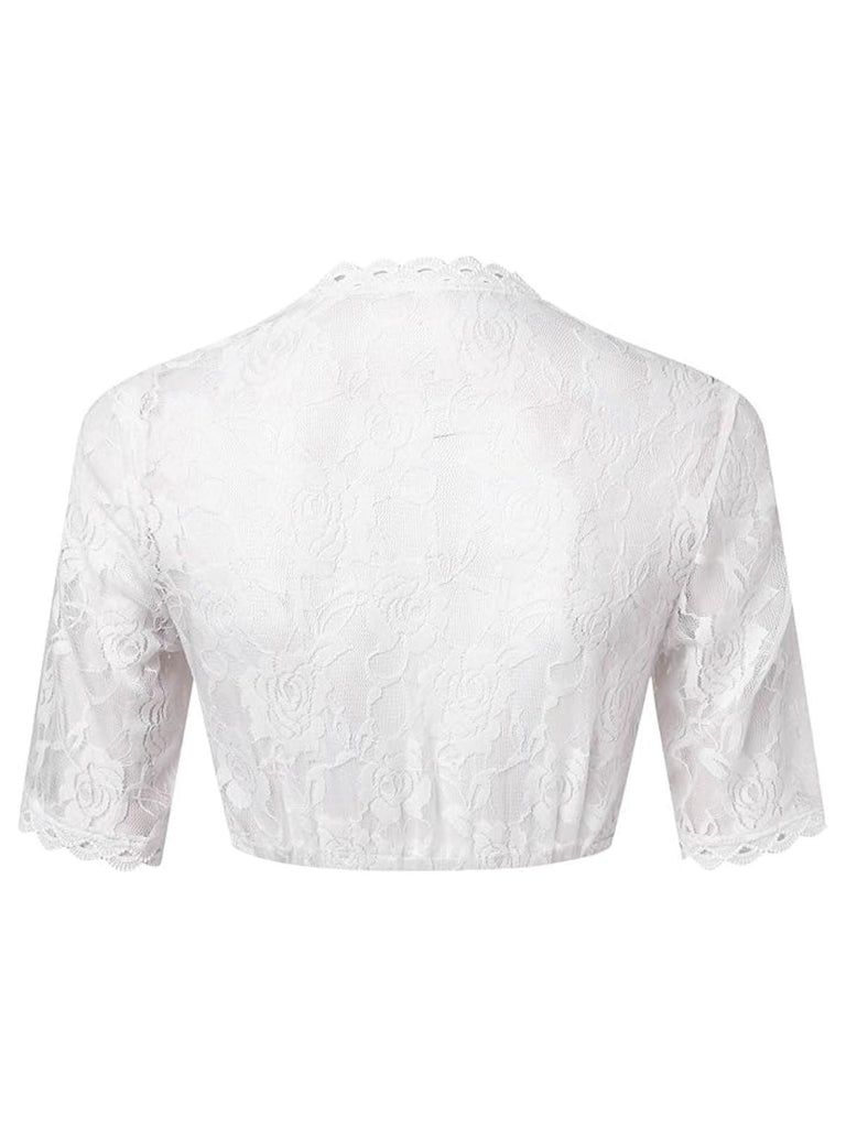 Top corto in pizzo floreale con scollo a V bianco anni '50