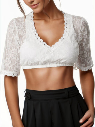 Top corto in pizzo floreale con scollo a V bianco anni '50