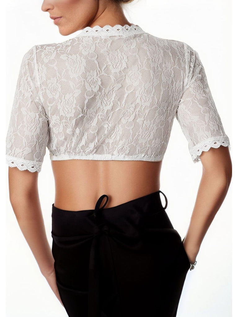Top corto in pizzo floreale con scollo a V bianco anni '50