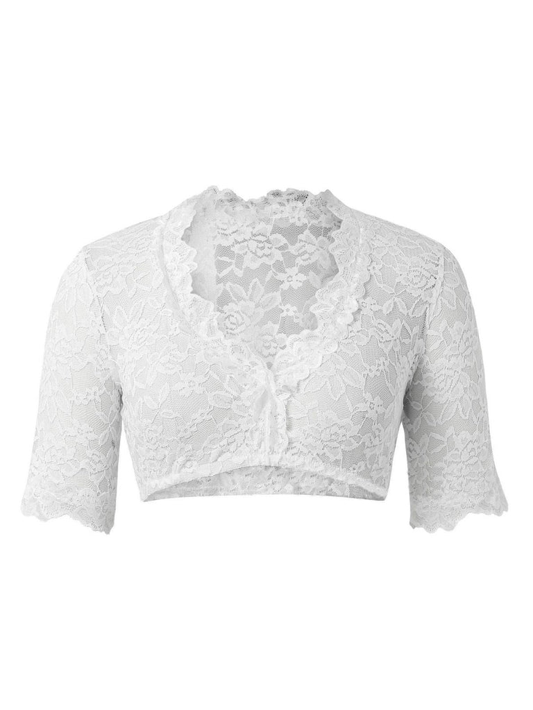 Top corto in pizzo floreale con scollo a V bianco anni '50