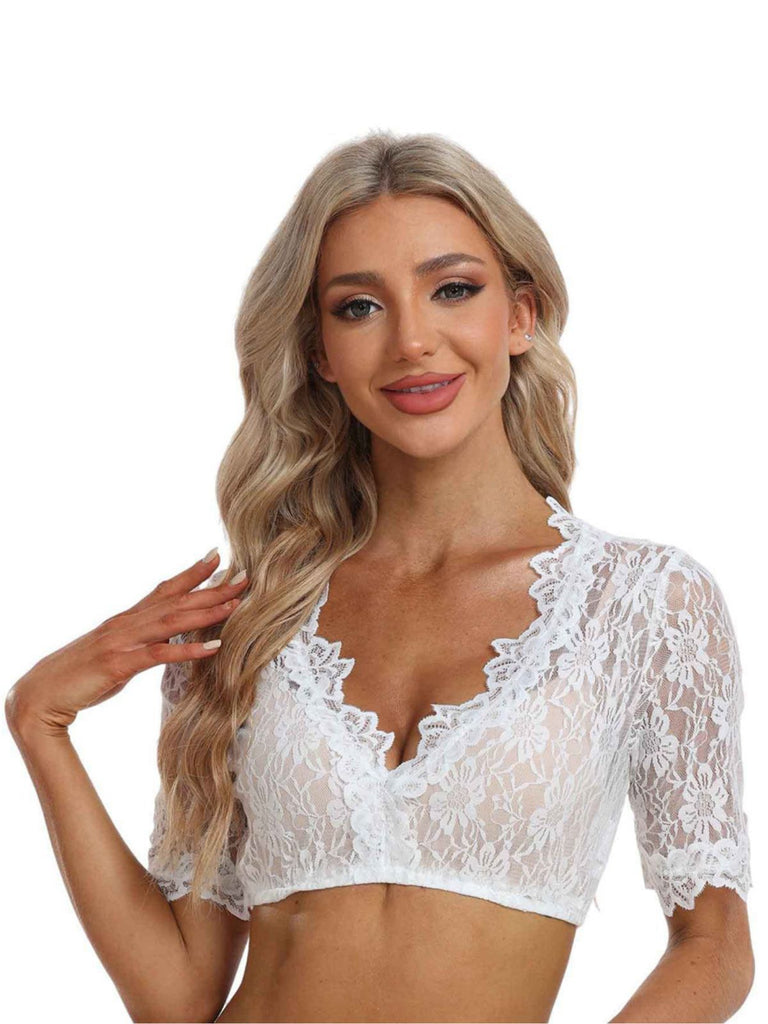 Top corto in pizzo floreale con scollo a V bianco anni '50