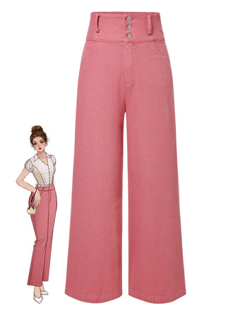 Pantaloni rosa in cotone con bottoni a rose anni '50