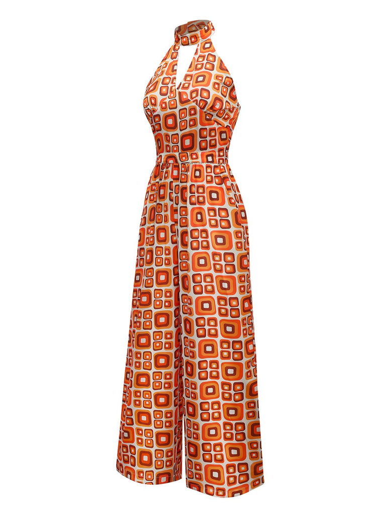 Tuta lunga hippie geometrica arancione anni '60