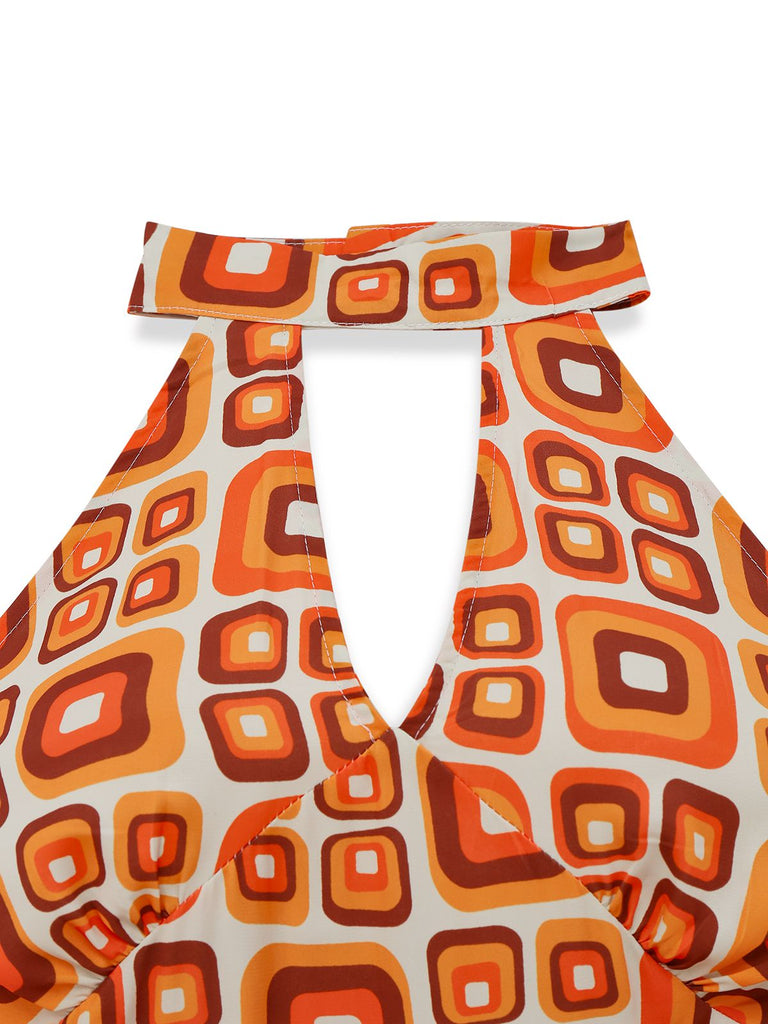 Tuta lunga hippie geometrica arancione anni '60