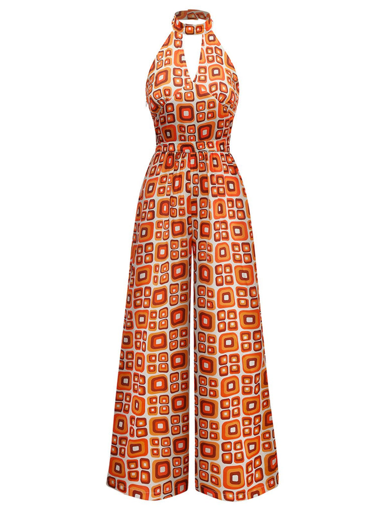Tuta lunga hippie geometrica arancione anni '60