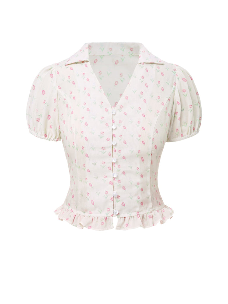 [Prevendita] Camicetta a tulipano e revers a balze rosa anni '40