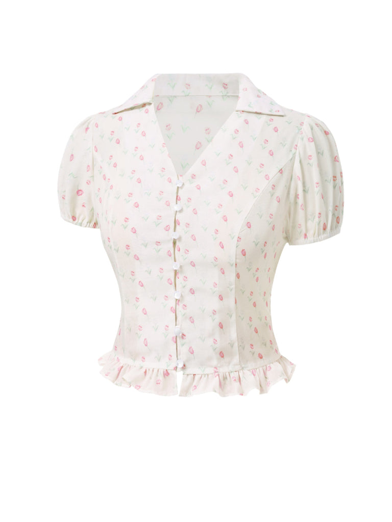 [Prevendita] Camicetta a tulipano e revers a balze rosa anni '40