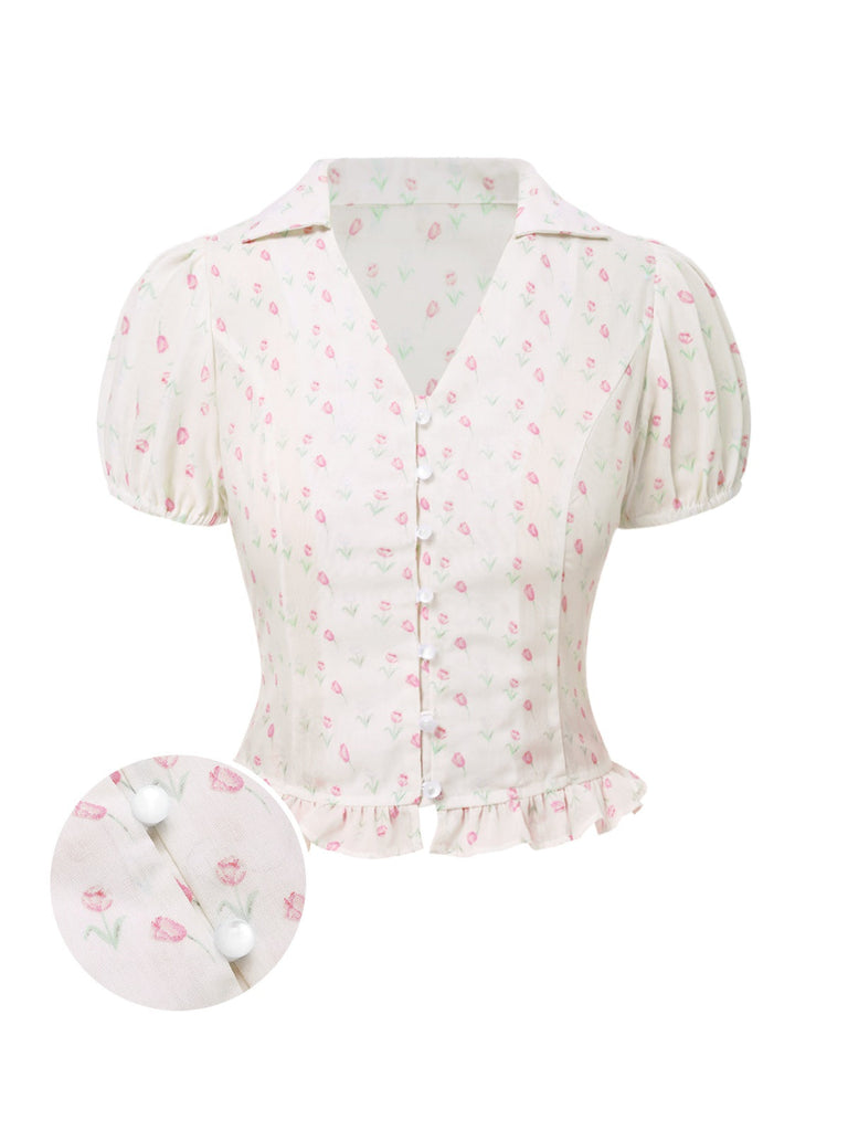 [Prevendita] Camicetta a tulipano e revers a balze rosa anni '40