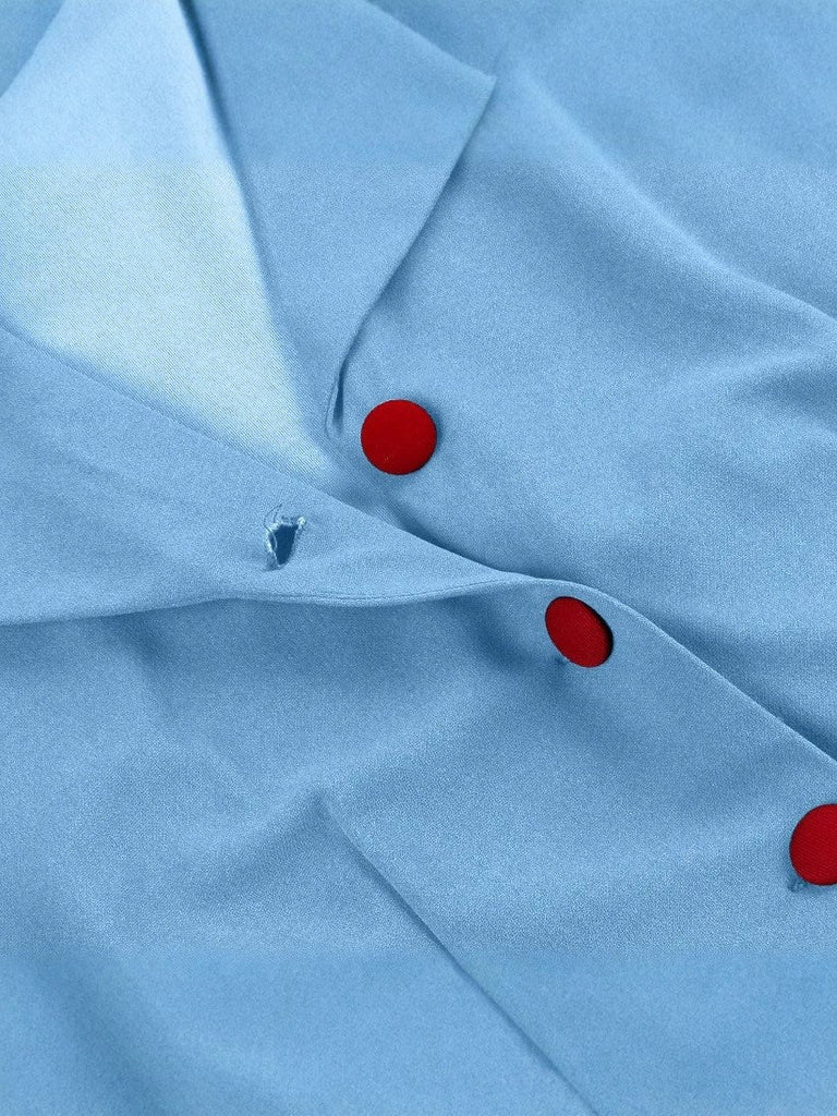 Abito revers a maniche corte con bottoni e cintura blu anni '50