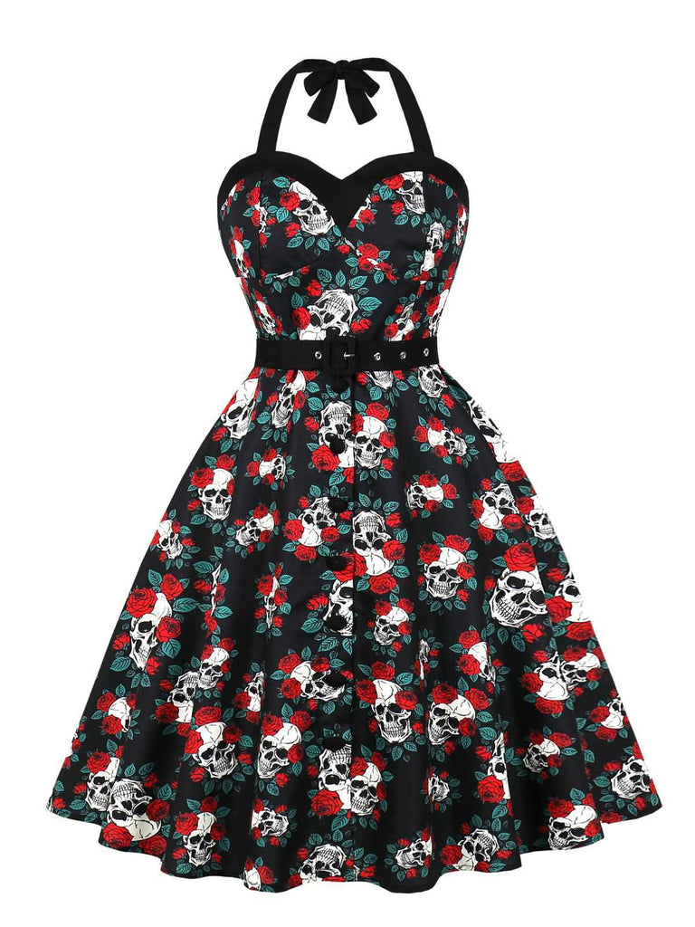 Abito con teschio e rose Halloween nero anni '50
