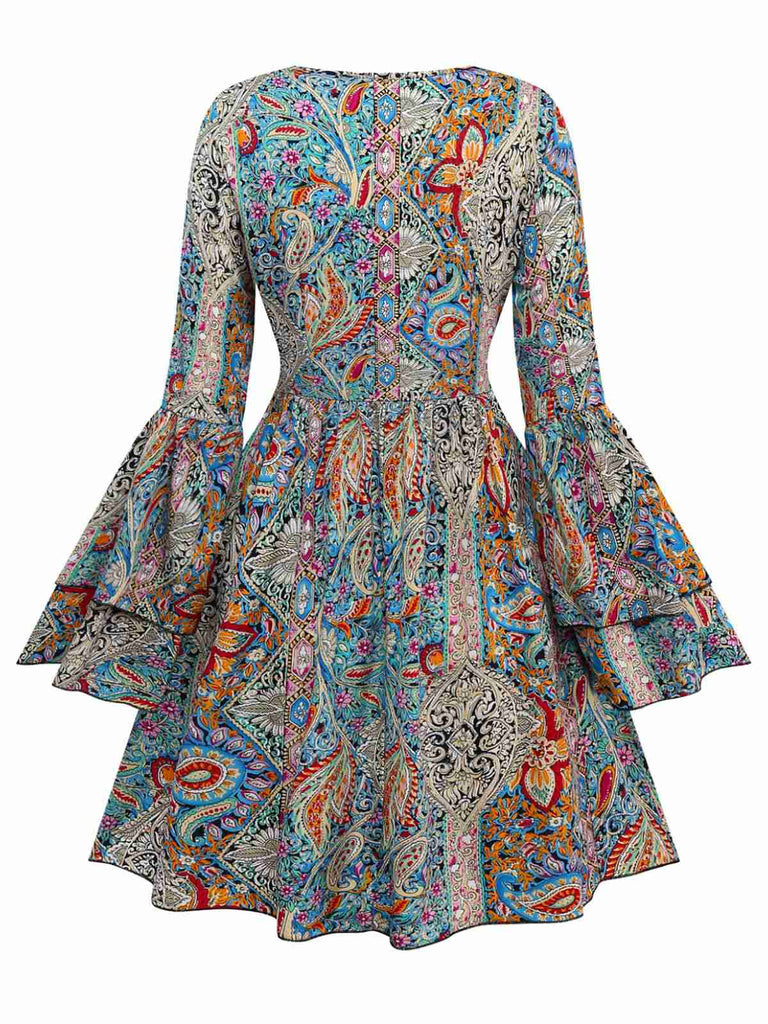 Abito paisley floreale bohémien maniche a campana multicolore anni '70