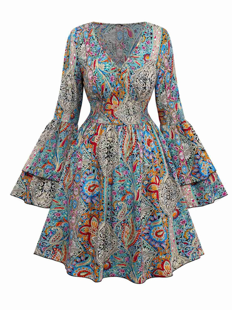 Abito paisley floreale bohémien maniche a campana multicolore anni '70