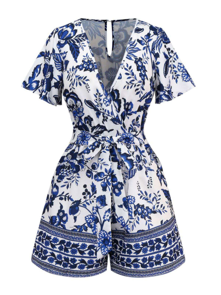 Tuta corta floreale blu-bianca-porcellana con cintura anni '50