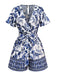 Tuta corta floreale blu-bianca-porcellana con cintura anni '50