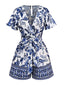 Tuta corta floreale blu-bianca-porcellana con cintura anni '50