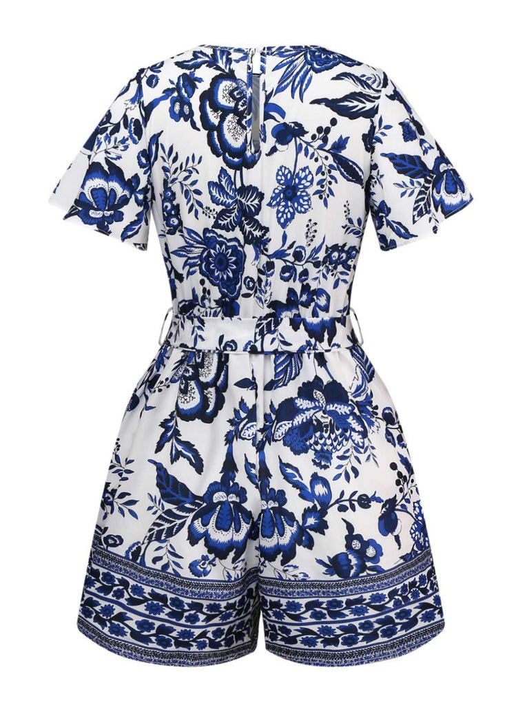 Tuta corta floreale blu-bianca-porcellana con cintura anni '50