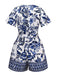 Tuta corta floreale blu-bianca-porcellana con cintura anni '50
