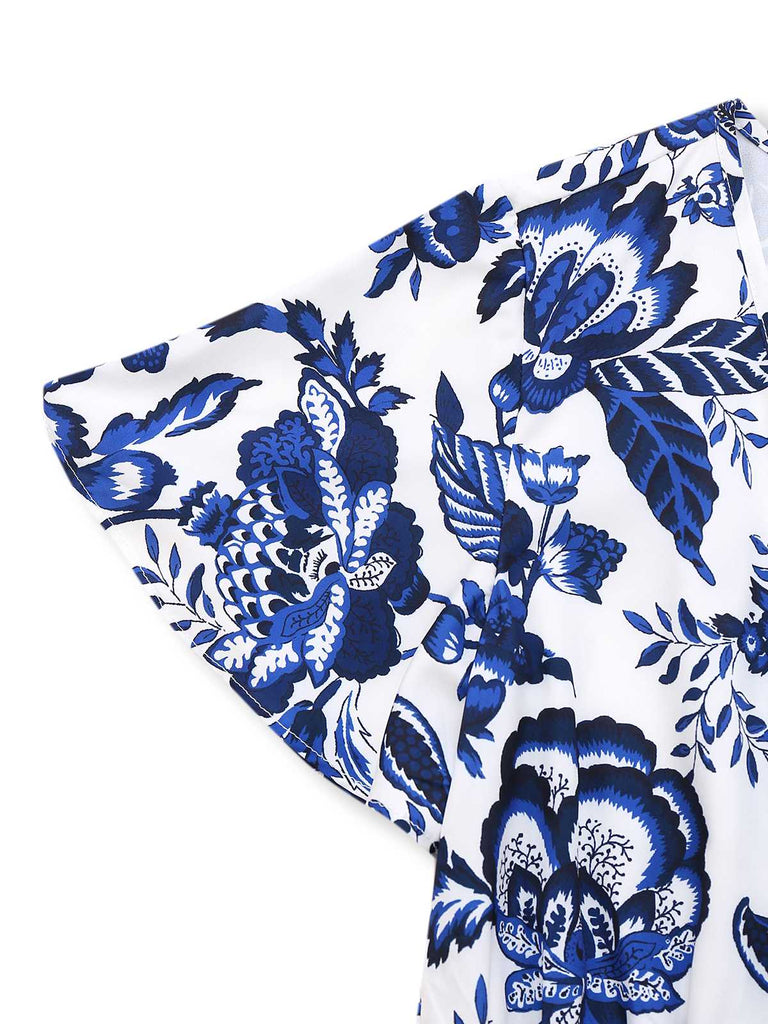 Tuta corta floreale blu-bianca-porcellana con cintura anni '50