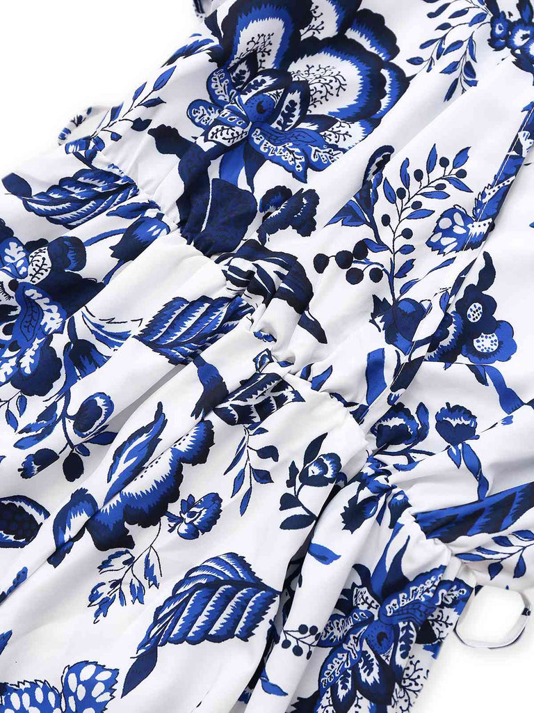 Tuta corta floreale blu-bianca-porcellana con cintura anni '50