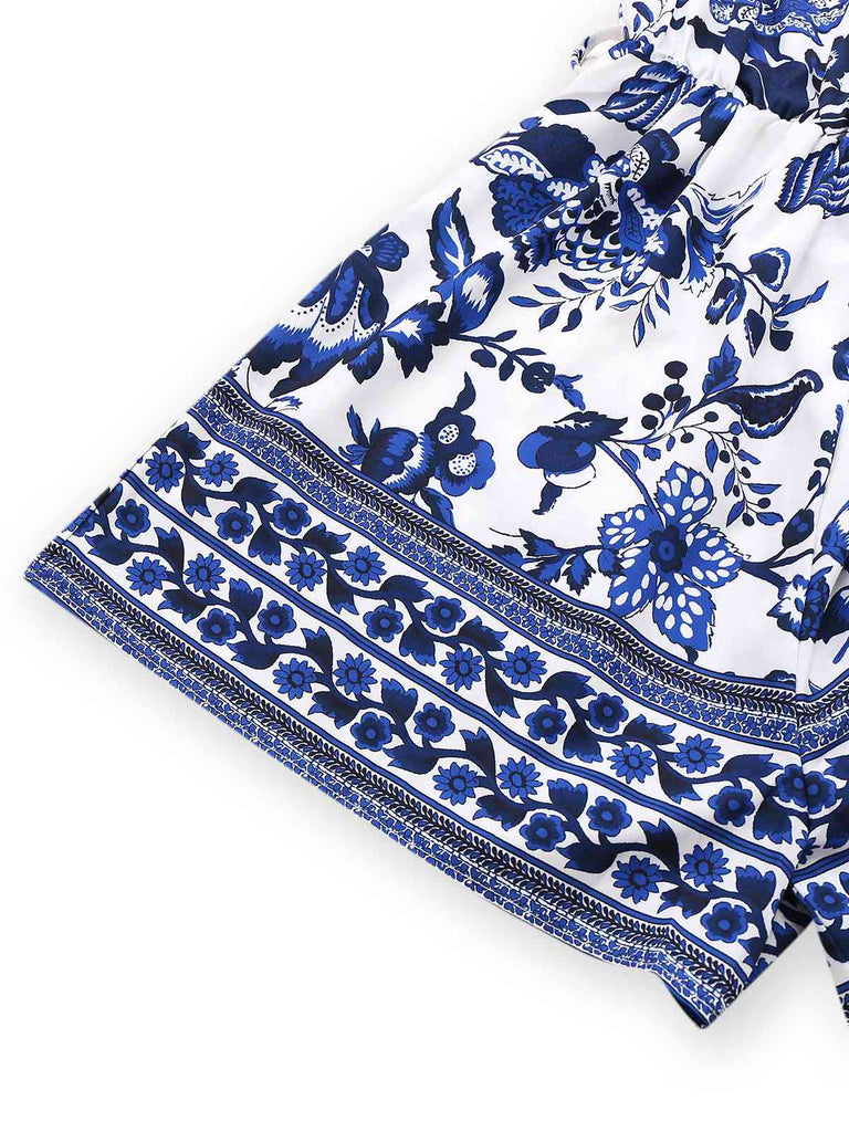 Tuta corta floreale blu-bianca-porcellana con cintura anni '50