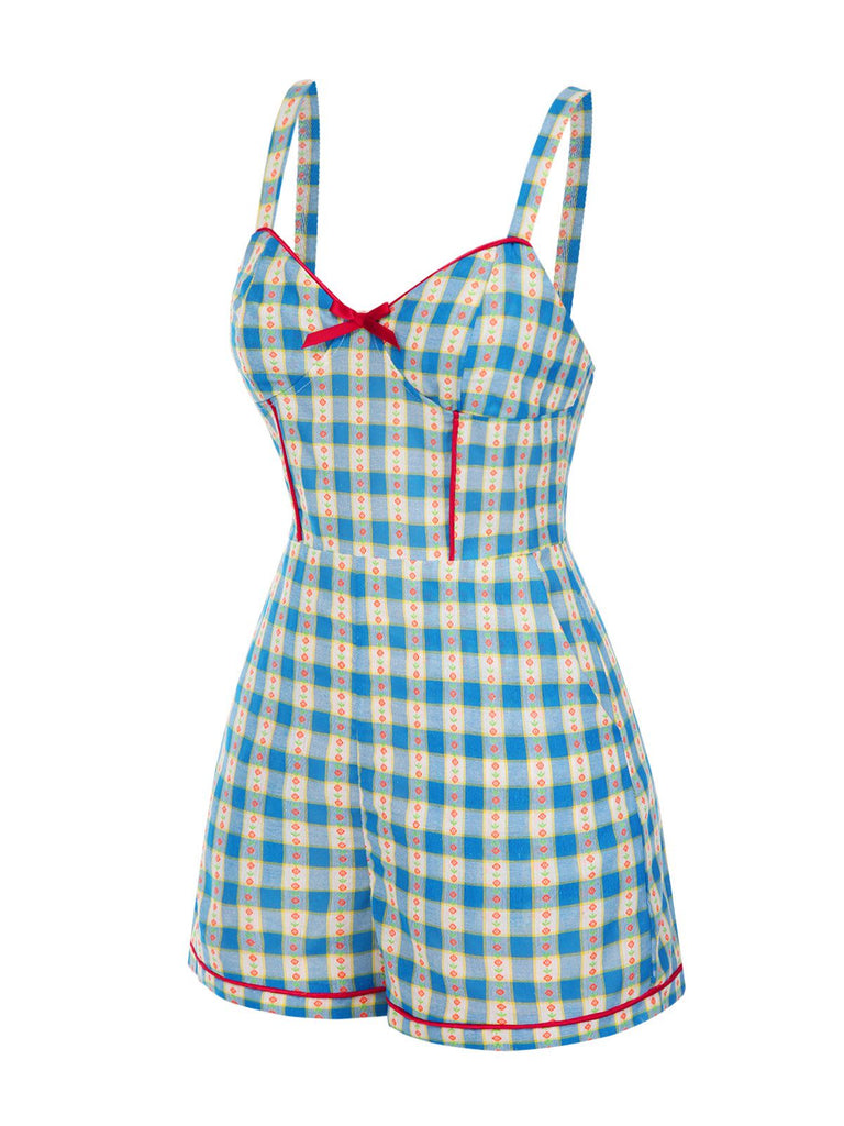 Tuta corta floreale a quadri con fiocco blu anni '50