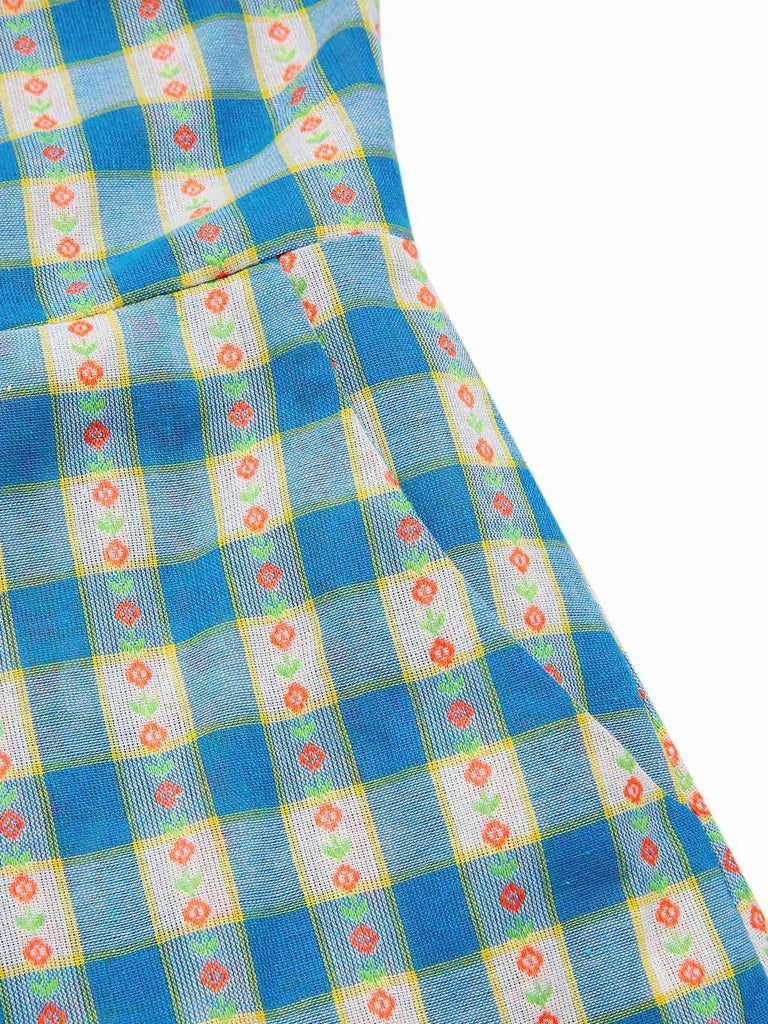 Tuta corta floreale a quadri con fiocco blu anni '50