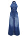 Tuta lunga denim a gamba larga con risvolto blu anni '30