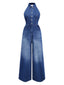 Tuta lunga denim a gamba larga con risvolto blu anni '30