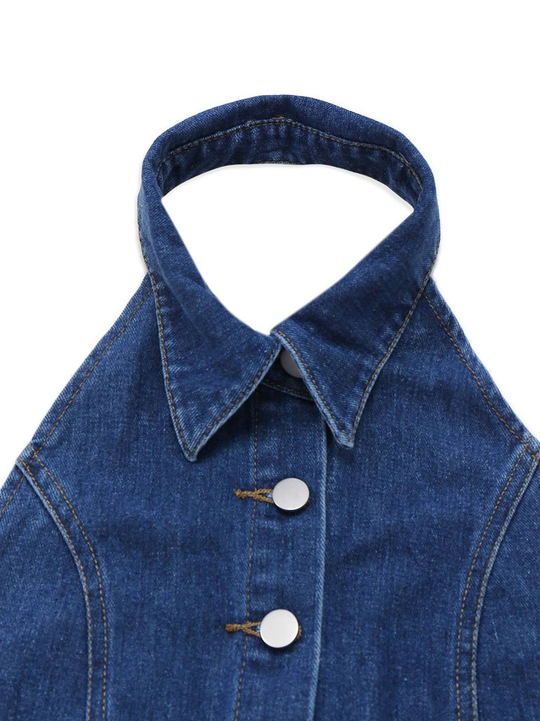 Tuta lunga denim a gamba larga con risvolto blu anni '30