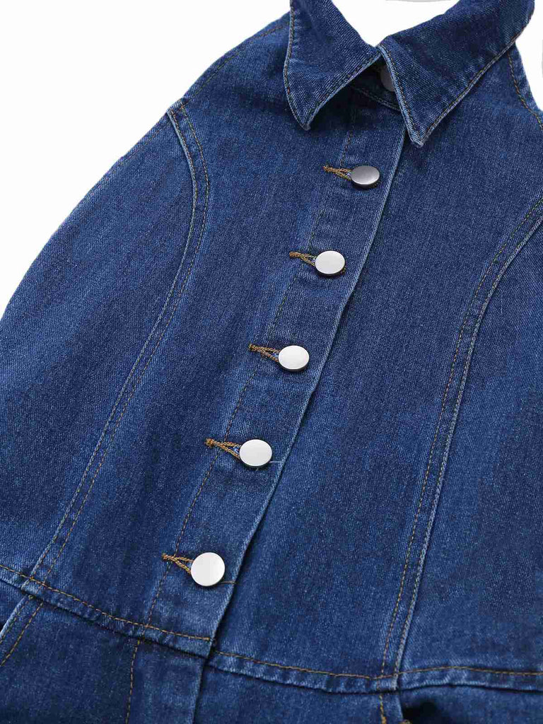 Tuta lunga denim a gamba larga con risvolto blu anni '30