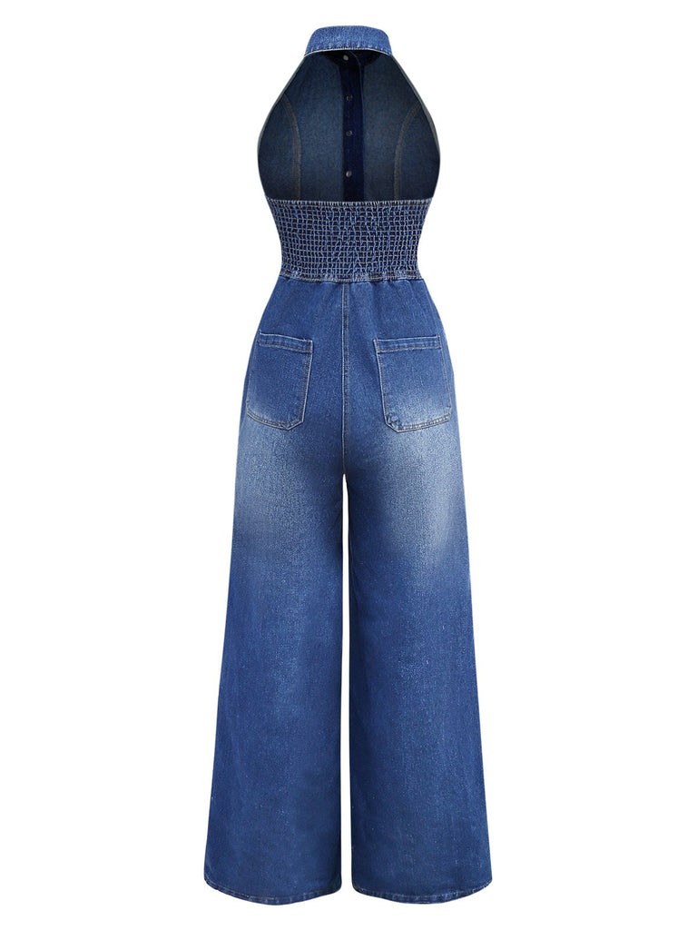 Tuta lunga denim a gamba larga con risvolto blu anni '30