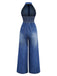 Tuta lunga denim a gamba larga con risvolto blu anni '30