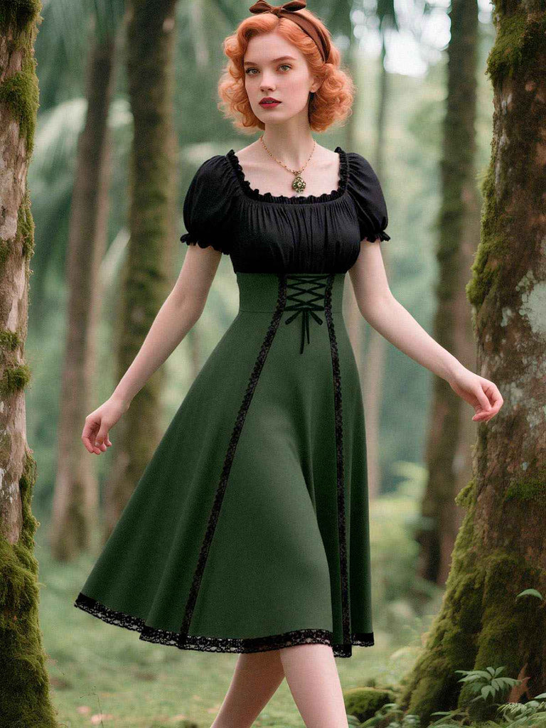 Abito color block con lacci verde anni '40