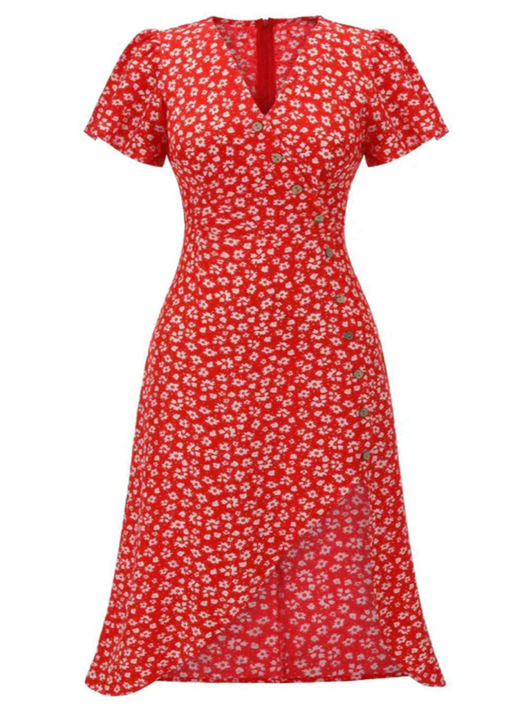 [Taglia Forti] Abito rosso floreale scollo a V bottoni aggiunti anni '40