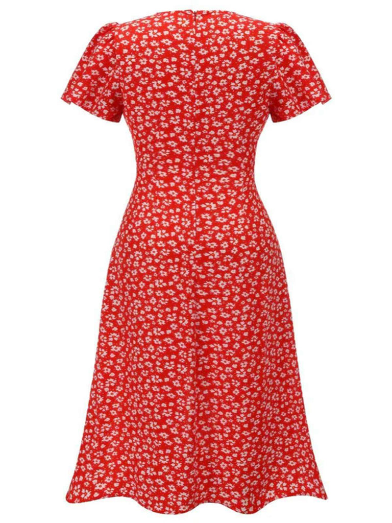 [Taglia Forti] Abito rosso floreale scollo a V bottoni aggiunti anni '40
