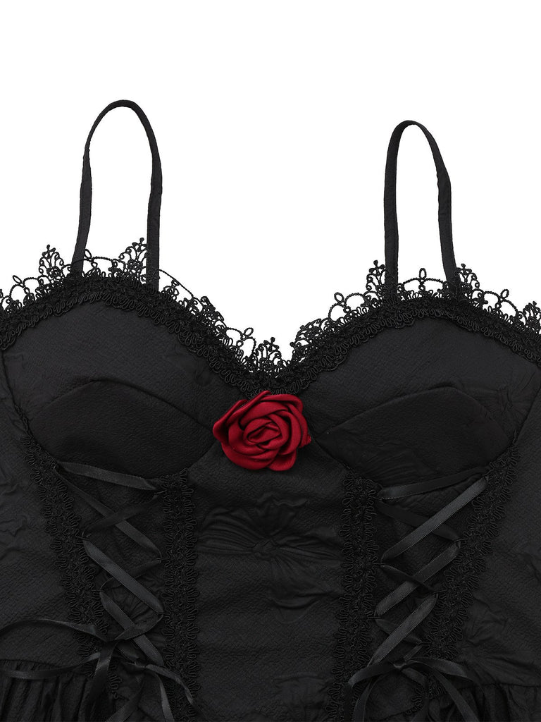 Abito gotico in jacquard con rose 3D con lacci nero anni '60