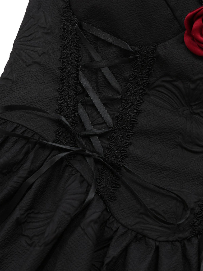 Abito gotico in jacquard con rose 3D con lacci nero anni '60