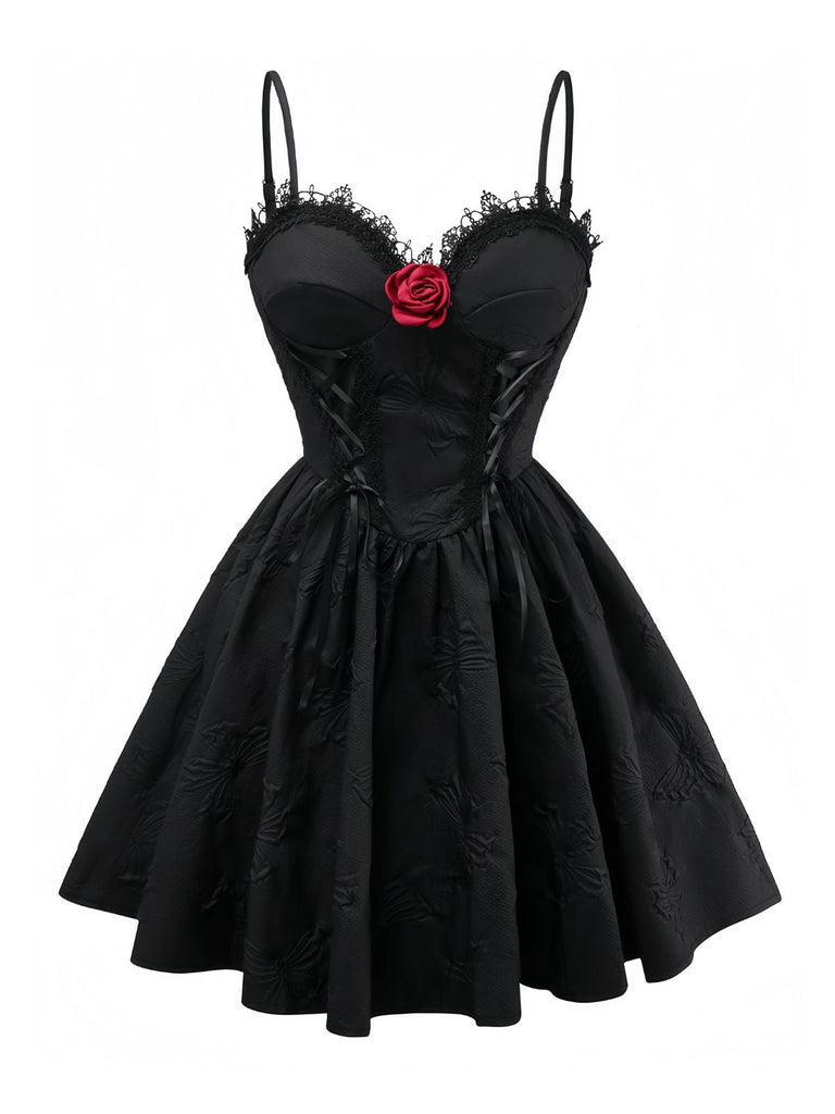 Abito gotico in jacquard con rose 3D con lacci nero anni '60