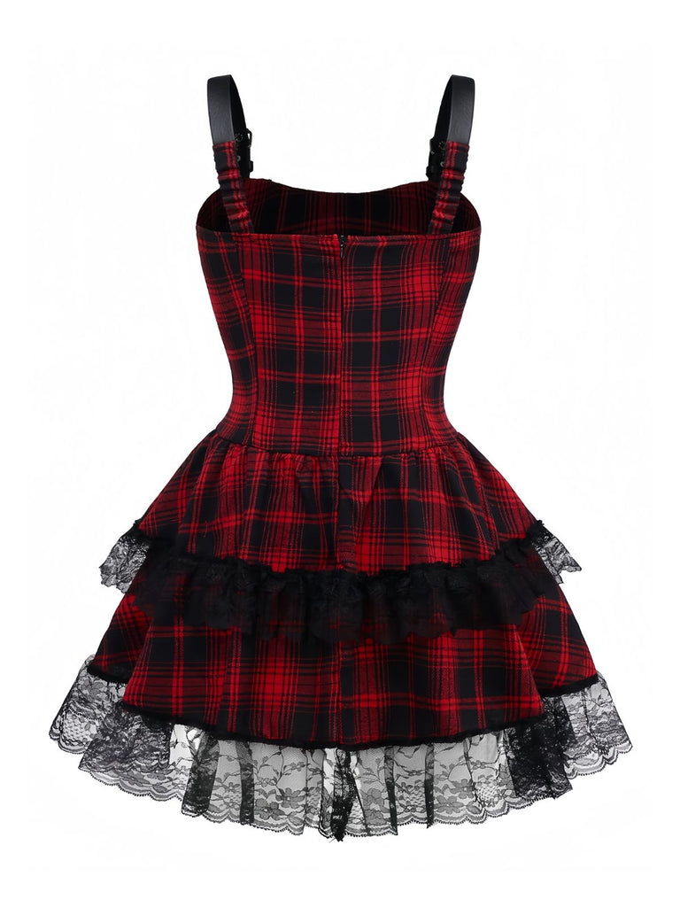 Abito gotico quadri patchwork in pizzo rosso anni '80