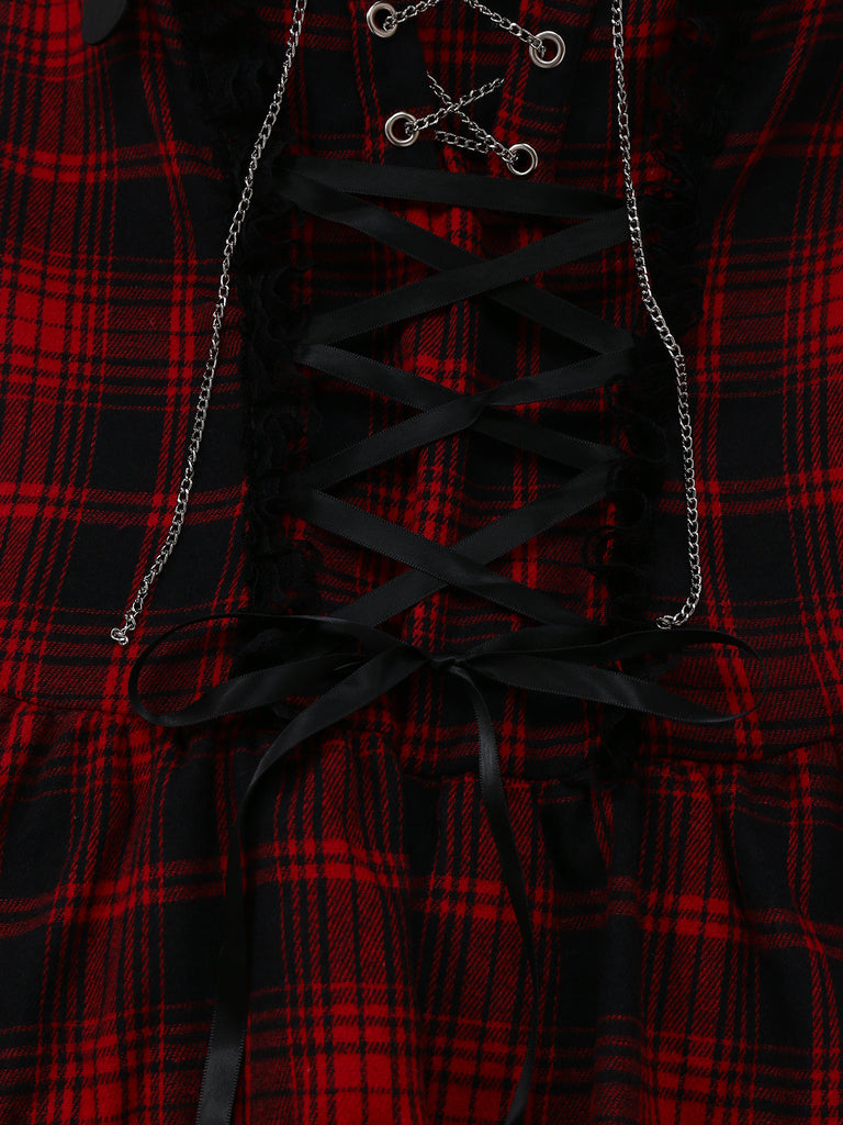Abito gotico quadri patchwork in pizzo rosso anni '80