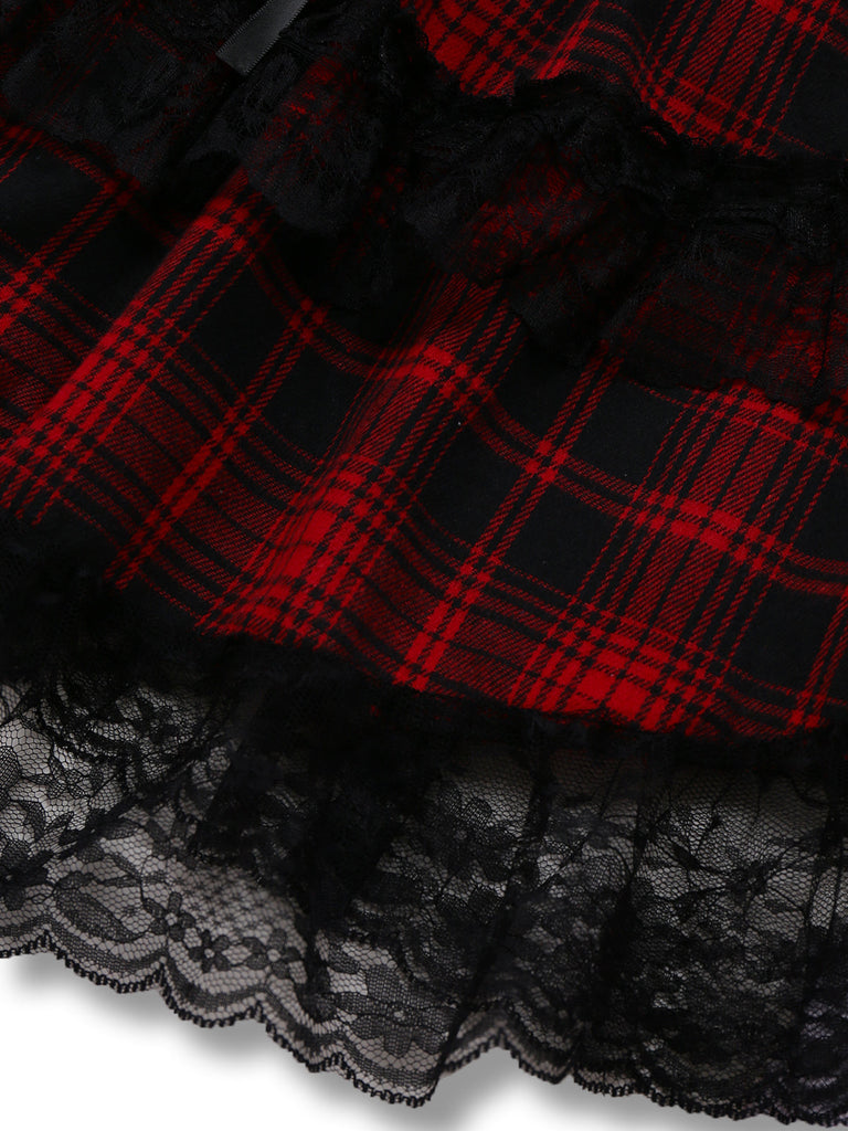 Abito gotico quadri patchwork in pizzo rosso anni '80