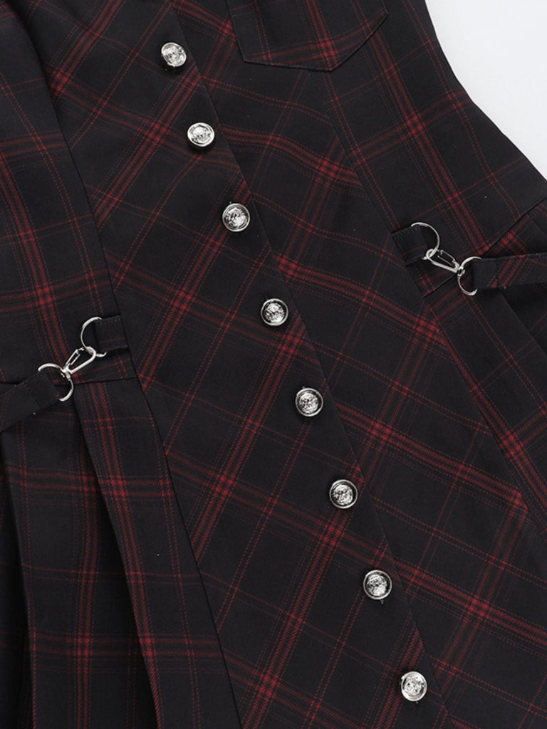 Abito quadri punk a trapezio con revers bordeaux anni '60
