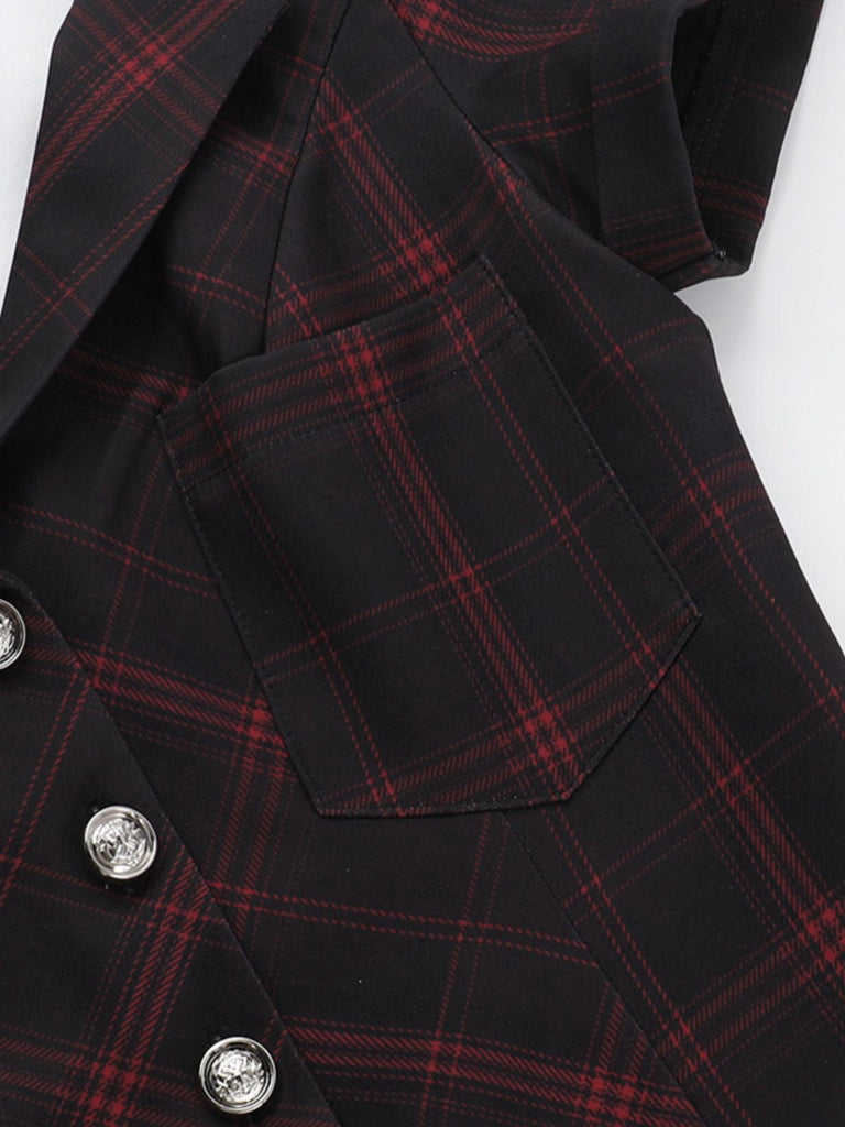 Abito quadri punk a trapezio con revers bordeaux anni '60