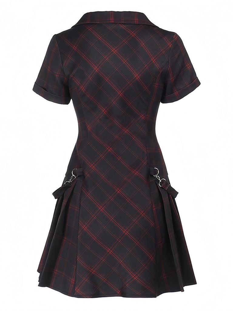 Abito quadri punk a trapezio con revers bordeaux anni '60