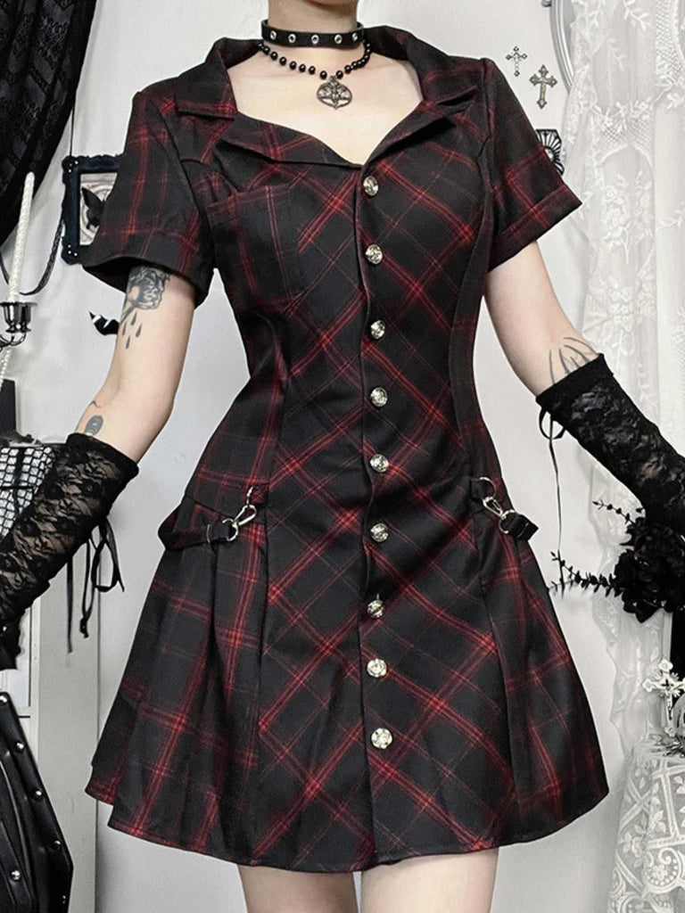 Abito quadri punk a trapezio con revers bordeaux anni '60