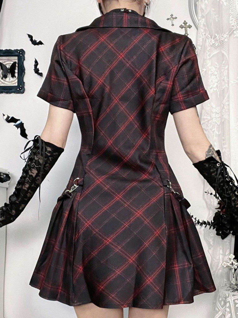 Abito quadri punk a trapezio con revers bordeaux anni '60