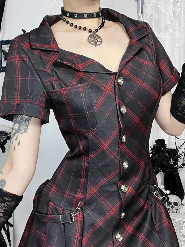 Abito quadri punk a trapezio con revers bordeaux anni '60